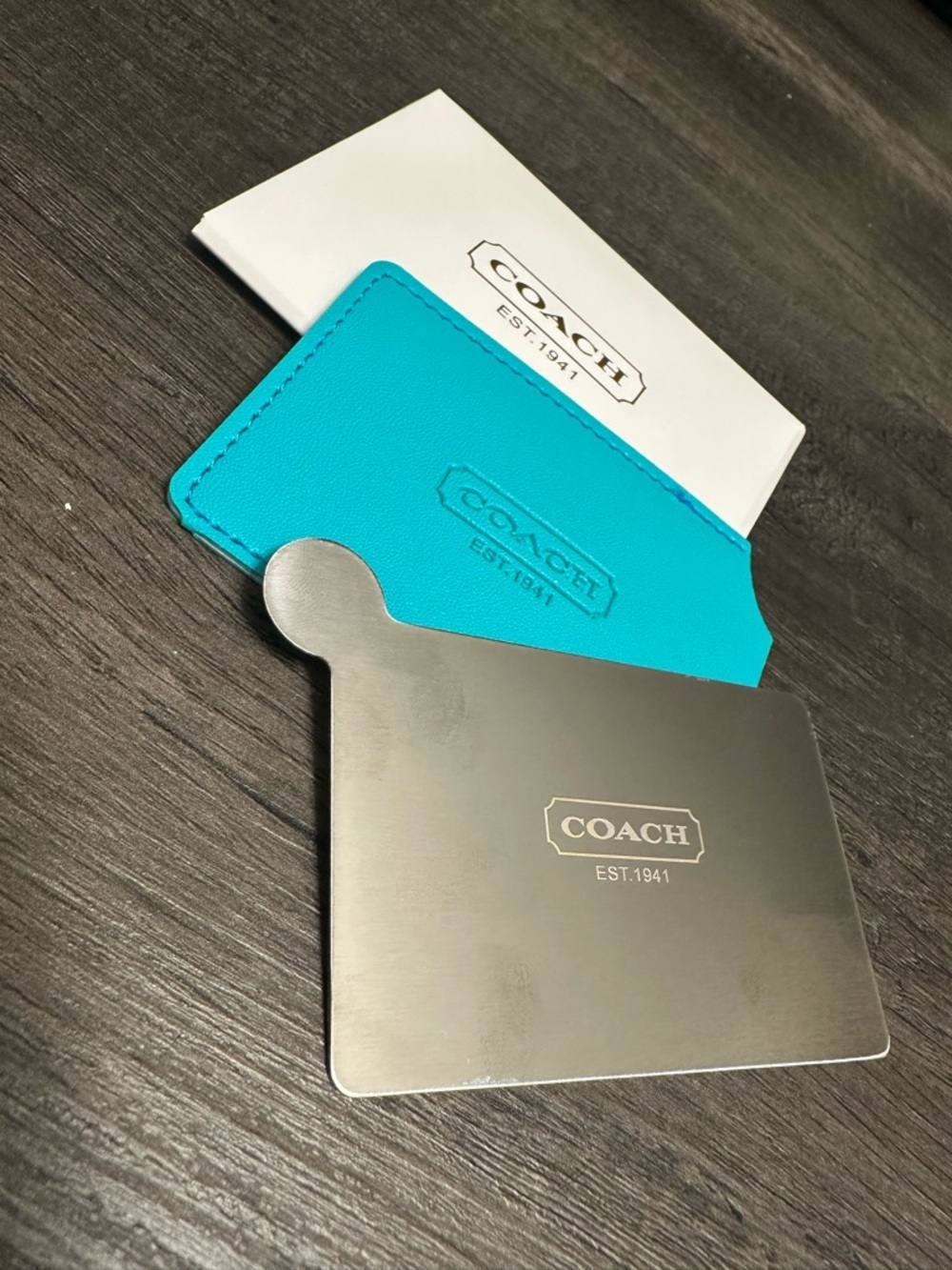 Coach Turquoise Leather Card Sleeve with Silver Compact Mirror
